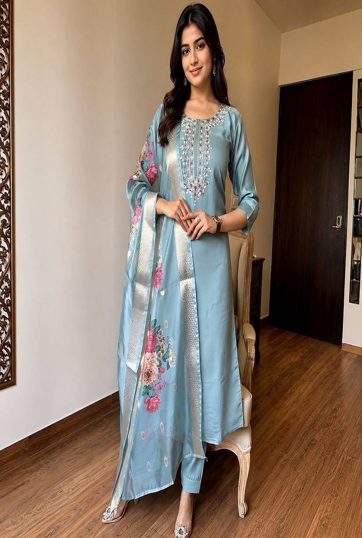 embroidered straight kurta set with pant & dupatta