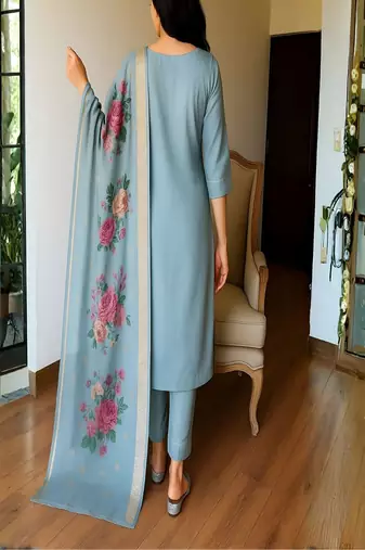 embroidered straight kurta set with pant & dupatta