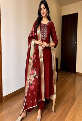 Women’s premium embroidered straight kurta set with pant & dupatta 1
