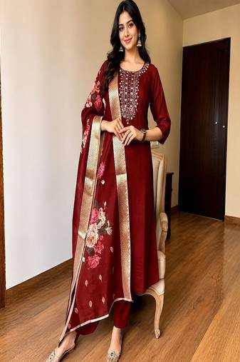 Women’s premium embroidered straight kurta set with pant & dupatta