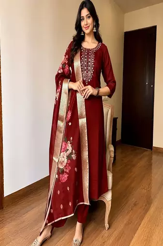 Women’s premium embroidered straight kurta set with pant & dupatta