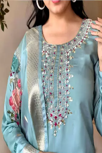 embroidered straight kurta set with pant & dupatta