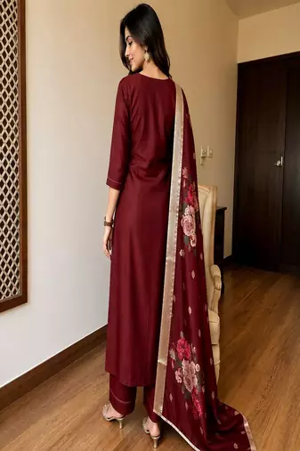 Women’s premium embroidered straight kurta set with pant & dupatta