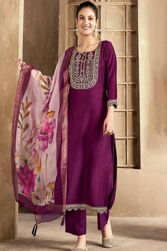 embroidered straight kurta set with pant & dupatta