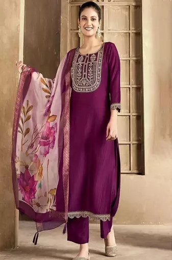 embroidered straight kurta set with pant & dupatta
