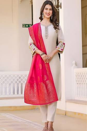 embroidered straight kurta set with pant & dupatta