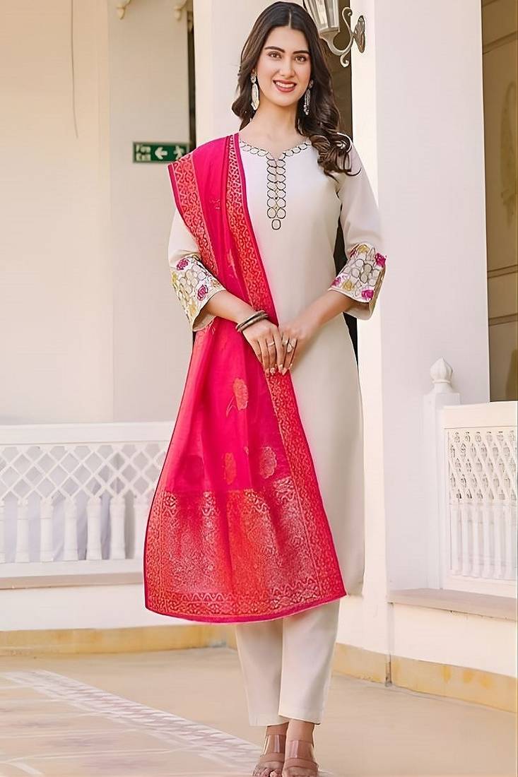 embroidered straight kurta set with pant & dupatta