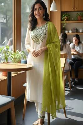 embroidered straight kurta set with pant & dupatta 1