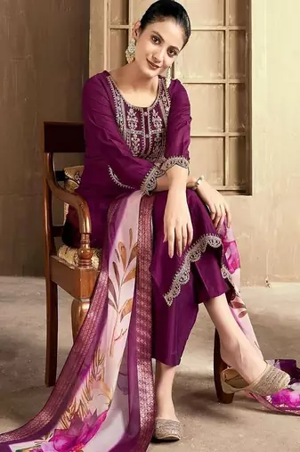 embroidered straight kurta set with pant & dupatta