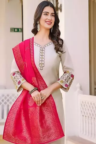 embroidered straight kurta set with pant & dupatta
