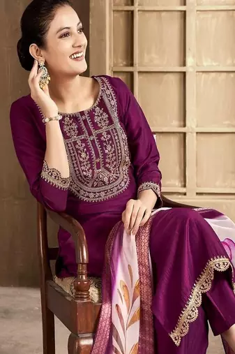 embroidered straight kurta set with pant & dupatta