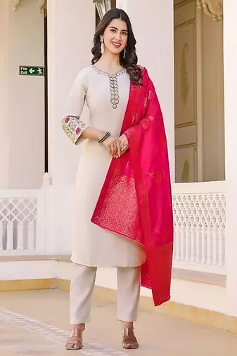 embroidered straight kurta set with pant & dupatta