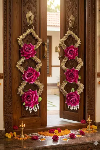 handmade decorative artificial rose door hanging with tassels floral toran home decoration (pack of 2)