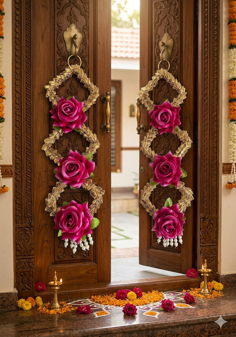 handmade decorative artificial rose door hanging with tassels floral toran home decoration (pack of 2)