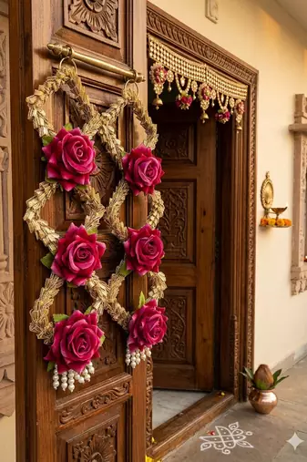 handmade decorative artificial rose door hanging with tassels floral toran home decoration (pack of 2)