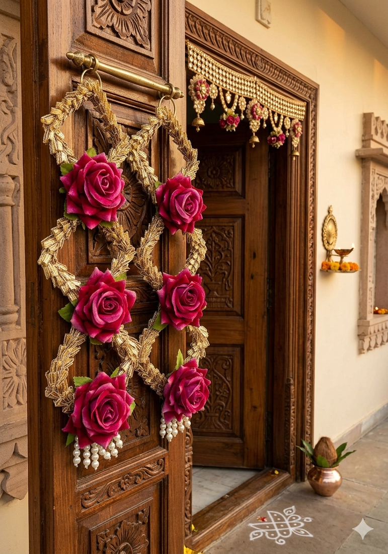 handmade decorative artificial rose door hanging with tassels floral toran home decoration (pack of 2)