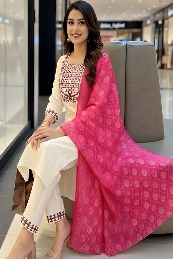 embroidered straight kurta set with pant & dupatta