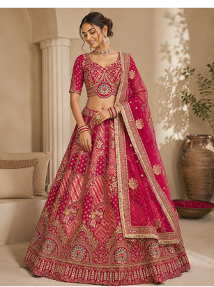 Rani Pink color Golden dabki handwork Real Mirror work Gotta Patti Embroidery lace work silk blend Lehenga Choli set   1