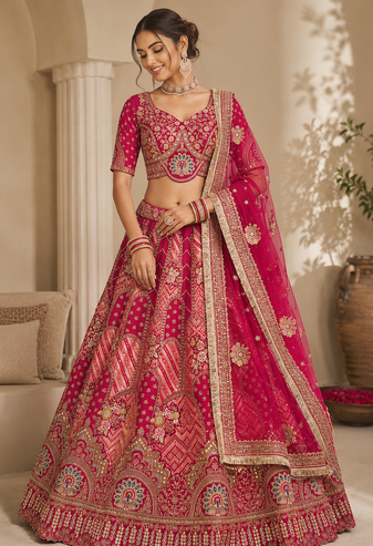 Rani Pink color Golden dabki handwork Real Mirror work Gotta Patti Embroidery lace work silk blend Lehenga Choli set  
