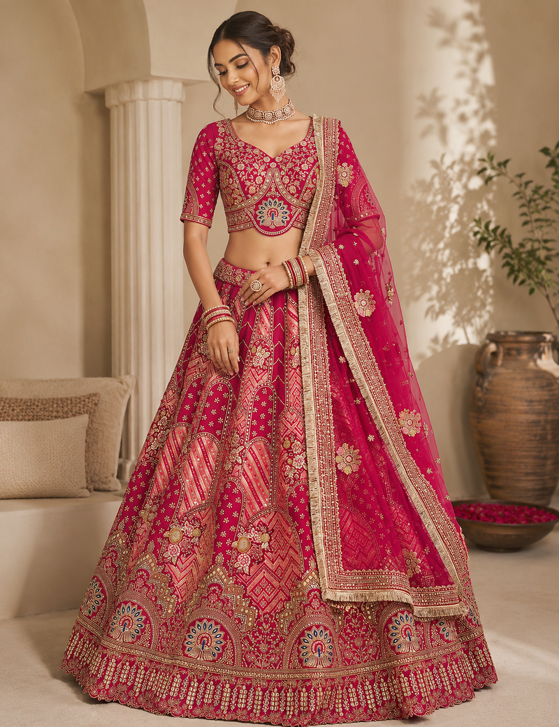 Rani Pink color Golden dabki handwork Real Mirror work Gotta Patti Embroidery lace work silk blend Lehenga Choli set  