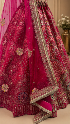 Rani Pink color Golden dabki handwork Real Mirror work Gotta Patti Embroidery lace work silk blend Lehenga Choli set   4