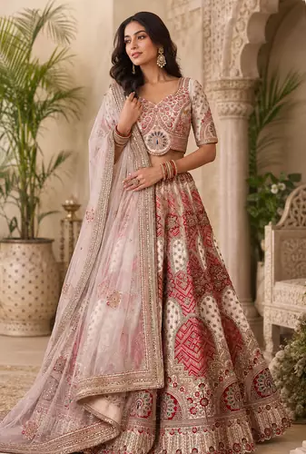off-white color Golden dabki handwork Real Mirror work Gotta Patti Embroidery lace work silk blend Lehenga Choli set  