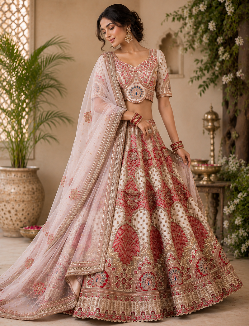 off-white color Golden dabki handwork Real Mirror work Gotta Patti Embroidery lace work silk blend Lehenga Choli set  