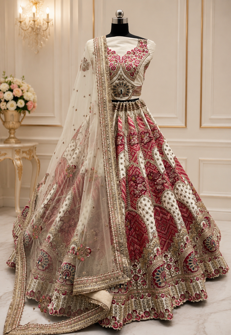 off-white color Golden dabki handwork Real Mirror work Gotta Patti Embroidery lace work silk blend Lehenga Choli set  
