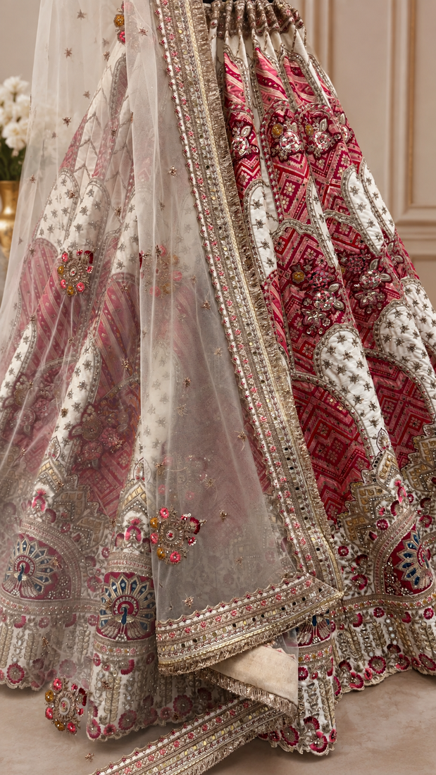 off-white color Golden dabki handwork Real Mirror work Gotta Patti Embroidery lace work silk blend Lehenga Choli set  