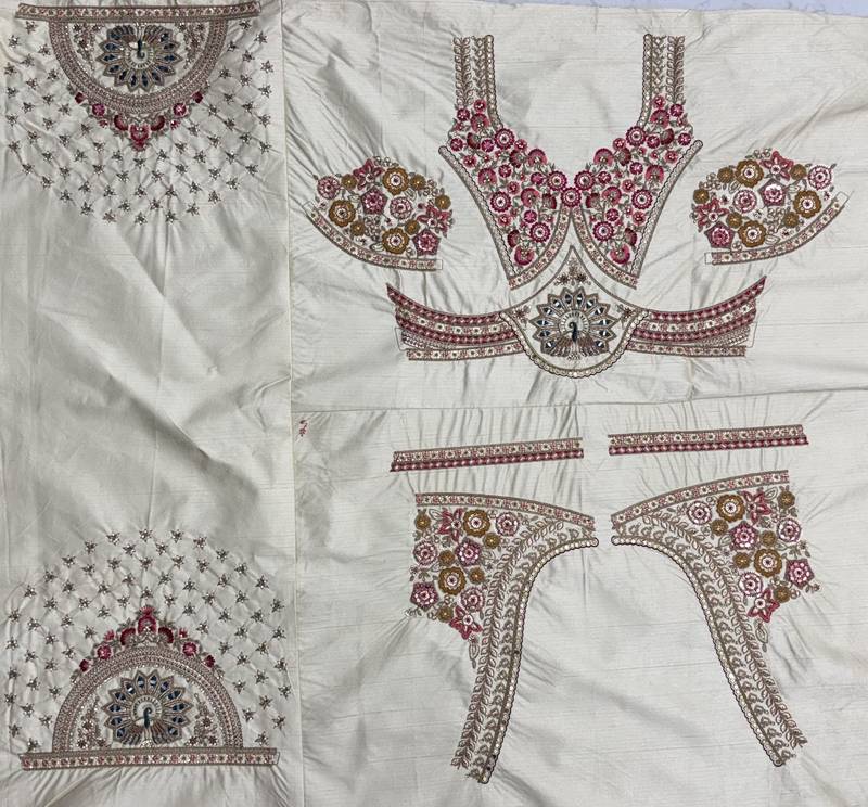 off-white color Golden dabki handwork Real Mirror work Gotta Patti Embroidery lace work silk blend Lehenga Choli set  