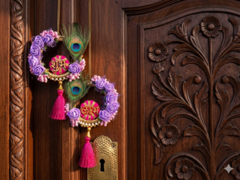 handmade shubh labh door hanging with purple foam roses peacock traditional wall hanging for home decoration (pack of 2) 1