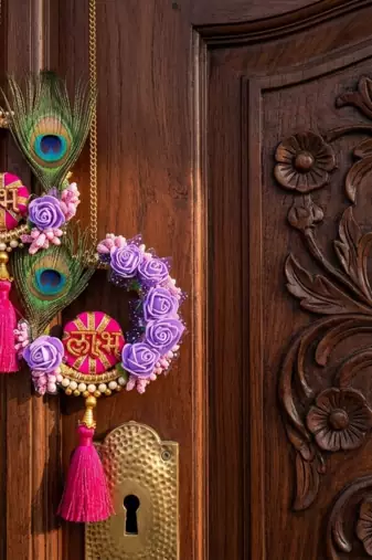 handmade shubh labh door hanging with purple foam roses peacock traditional wall hanging for home decoration (pack of 2)
