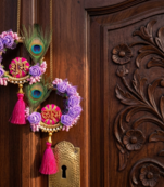 handmade shubh labh door hanging with purple foam roses peacock traditional wall hanging for home decoration (pack of 2)