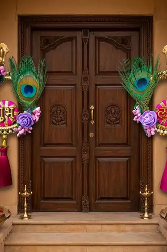 handmade shubh labh door hanging with purple foam roses peacock traditional wall hanging for home decoration (pack of 2)