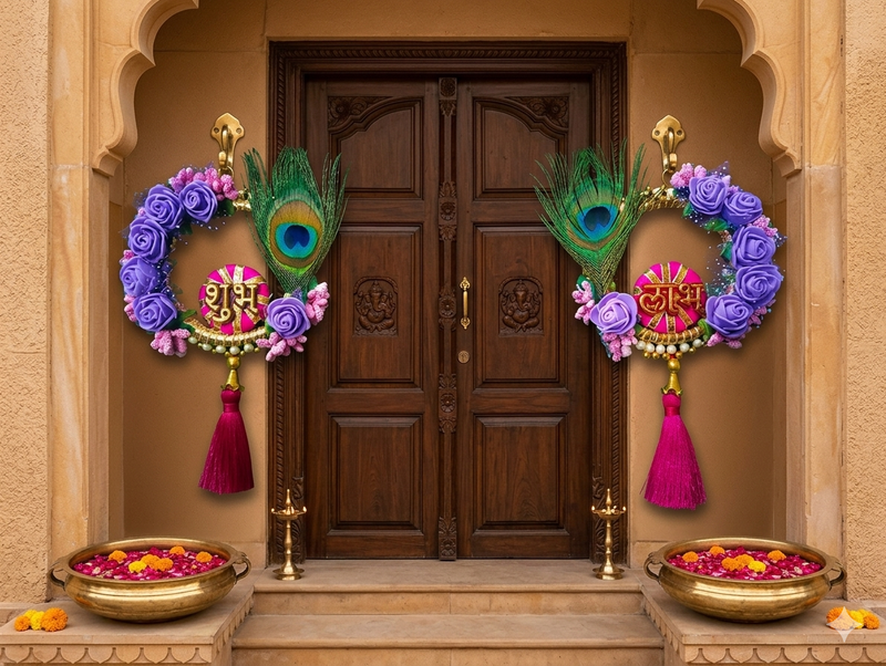 handmade shubh labh door hanging with purple foam roses peacock traditional wall hanging for home decoration (pack of 2)