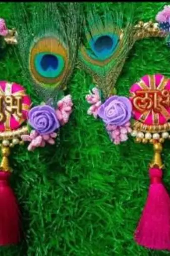 handmade shubh labh door hanging with purple foam roses peacock traditional wall hanging for home decoration (pack of 2)