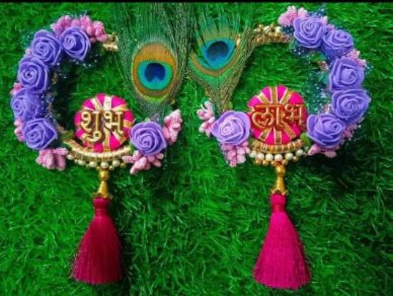 handmade shubh labh door hanging with purple foam roses peacock traditional wall hanging for home decoration (pack of 2)