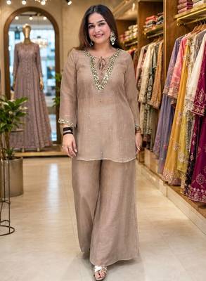 chiku color sequence and zari work silk blend salwar suit 1