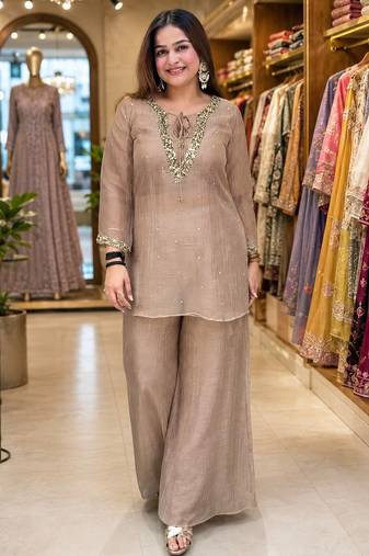 chiku color sequence and zari work silk blend salwar suit