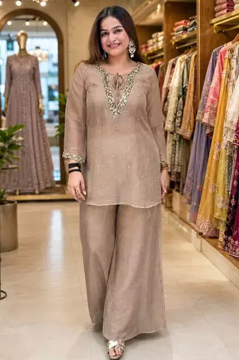 chiku color sequence and zari work silk blend salwar suit