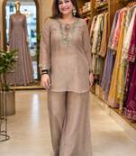 chiku color sequence and zari work silk blend salwar suit