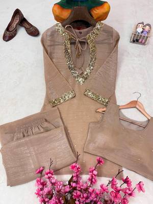 chiku color sequence and zari work silk blend salwar suit 4
