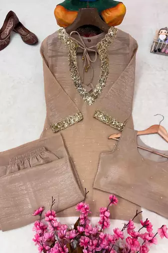 chiku color sequence and zari work silk blend salwar suit