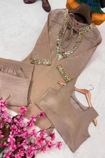 chiku color sequence and zari work silk blend salwar suit