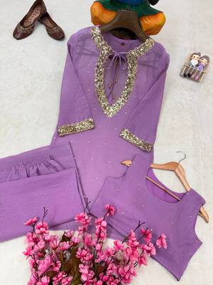 lavender color sequence and zari work silk blend salwar suit 3