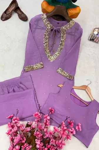 lavender color sequence and zari work silk blend salwar suit
