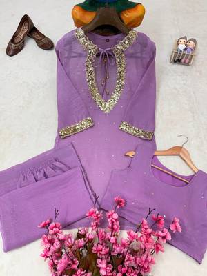 lavender color sequence and zari work silk blend salwar suit 5