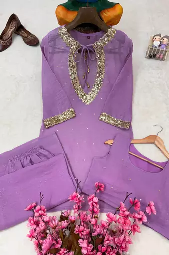 lavender color sequence and zari work silk blend salwar suit