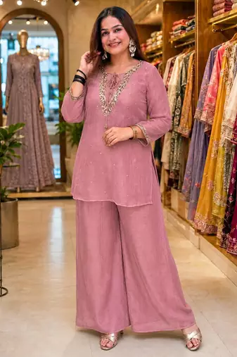 pink color sequence and zari work silk blend salwar suit