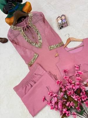 pink color sequence and zari work silk blend salwar suit 4
